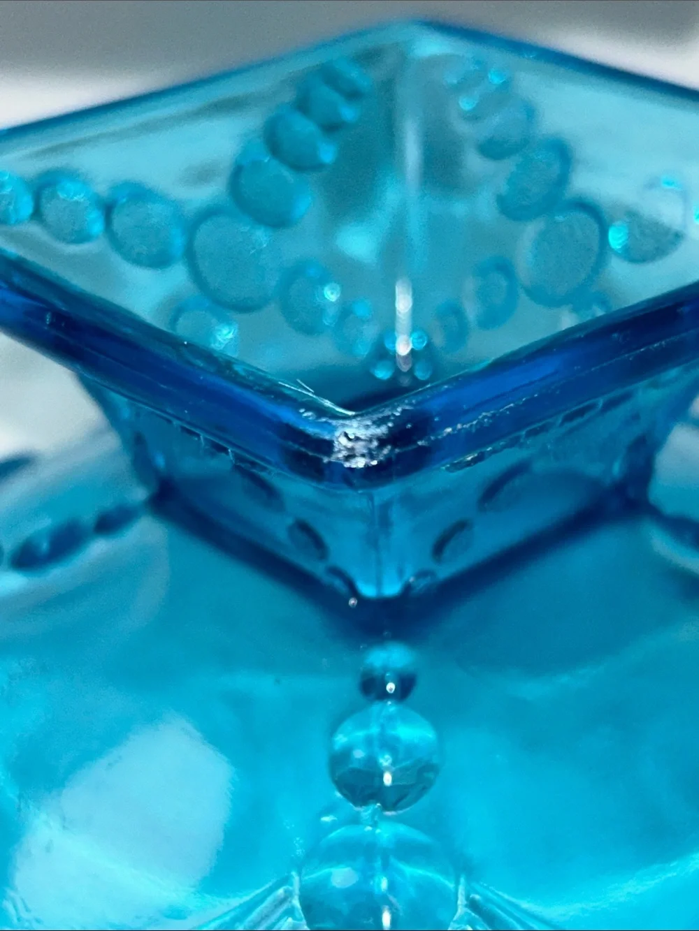 Jefferson Glass opalescent blue glass bowl ruffled edge intricate floral pattern